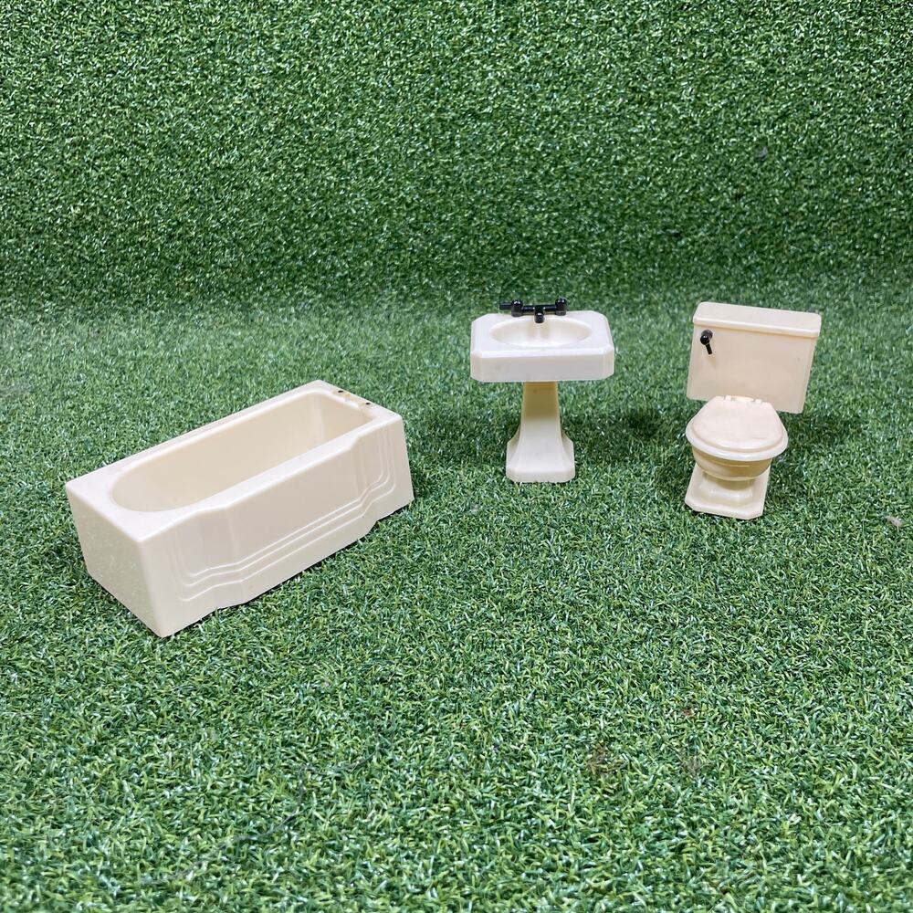 Vintage Renwal Miniature Plastic Tub Sink Toilet Dollhouse Bathroom Set